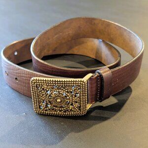 Liz Claiborne Wide Leather Belt Womens Brass Buckle Cowboycore Boho Sz 32 S/M
